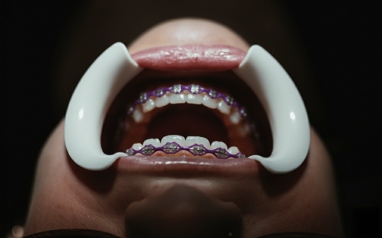 Patient wearing clear braces in Harrisonburg with purple elastic bands during orthodontic treatment at Giardina Orthodontics